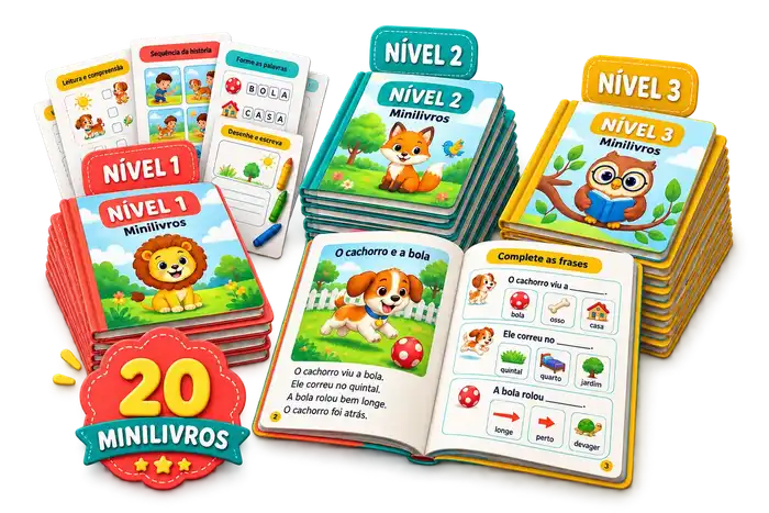 Mockup sem fundo mostrando os três níveis e os 20 minilivros