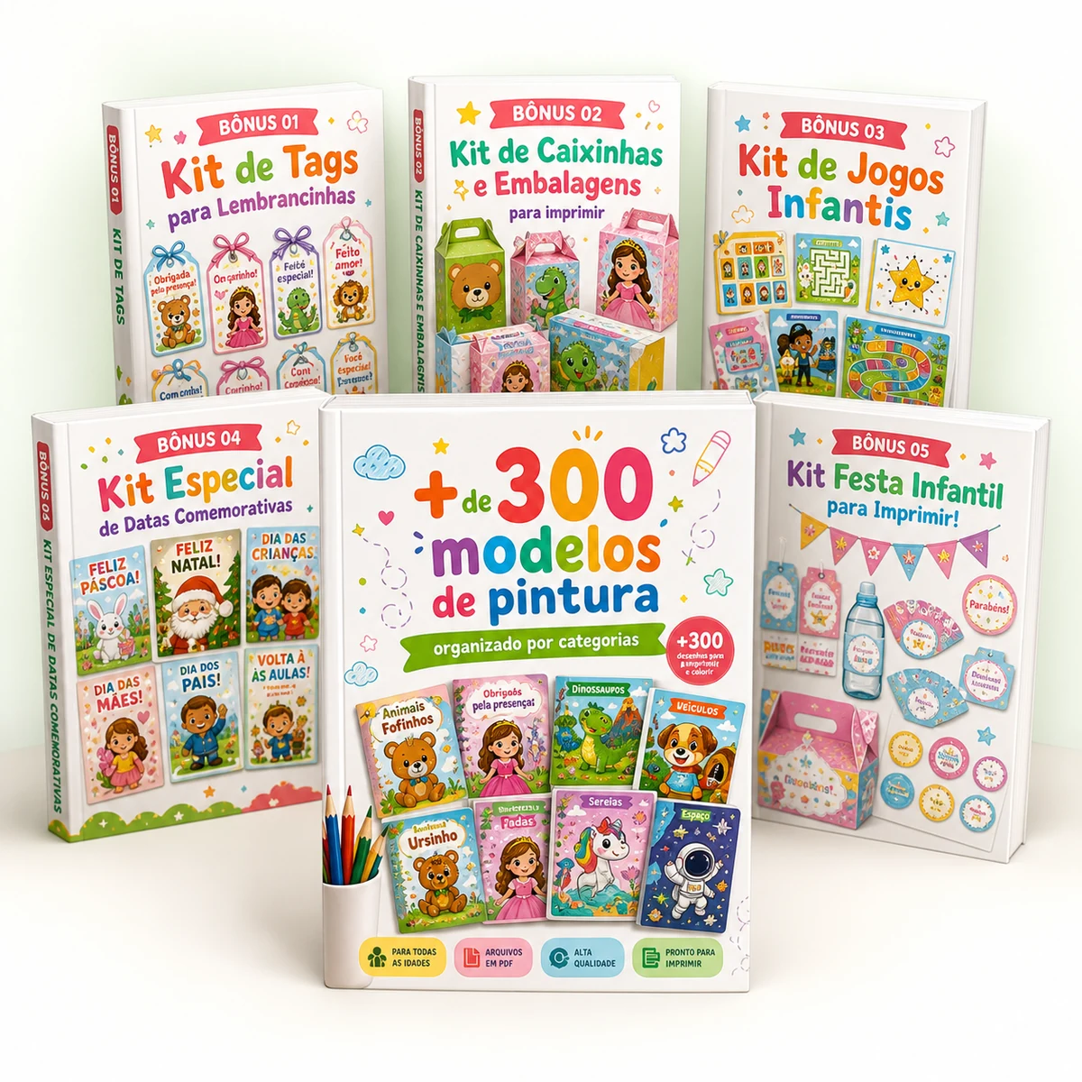 Mockup do Plano Família com a coleção principal e cinco livros de bônus